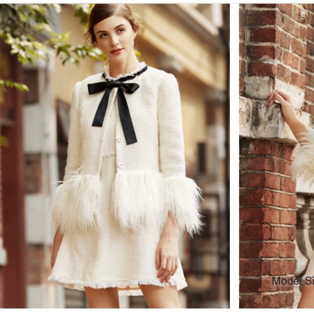 White faux fur trim tweed blazer